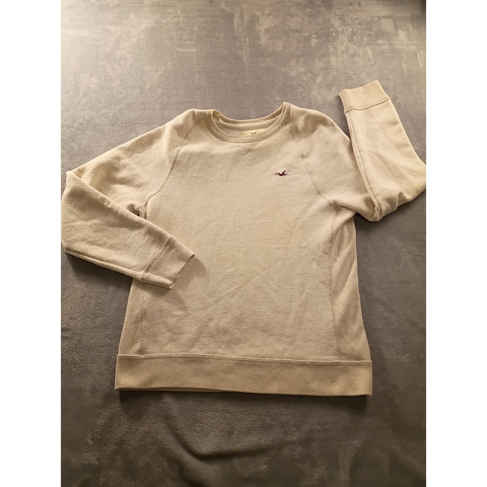 Hollister Sweater Mens Medium Beige Waffle Knit Crew Neck Logo Pullover Casual